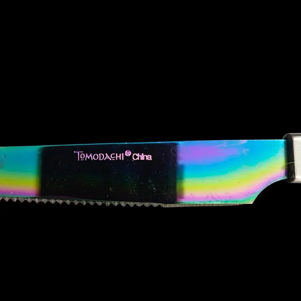 Tomodachi 4 Pc Rainbow Iridescent Flatware Set Black Handles Knife Spoon Fork